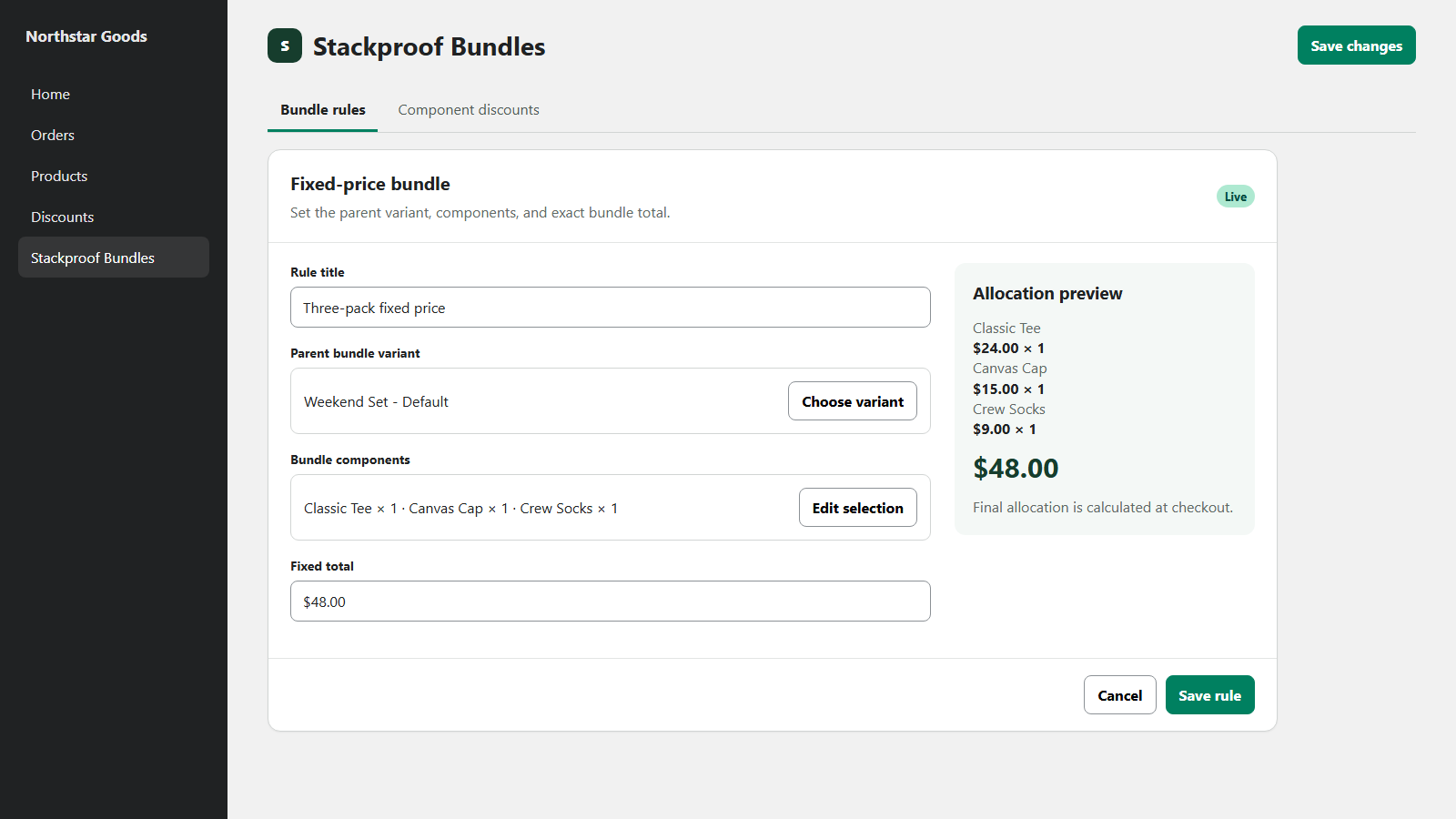 Fixed-price bundle editor with a three-item allocation preview.